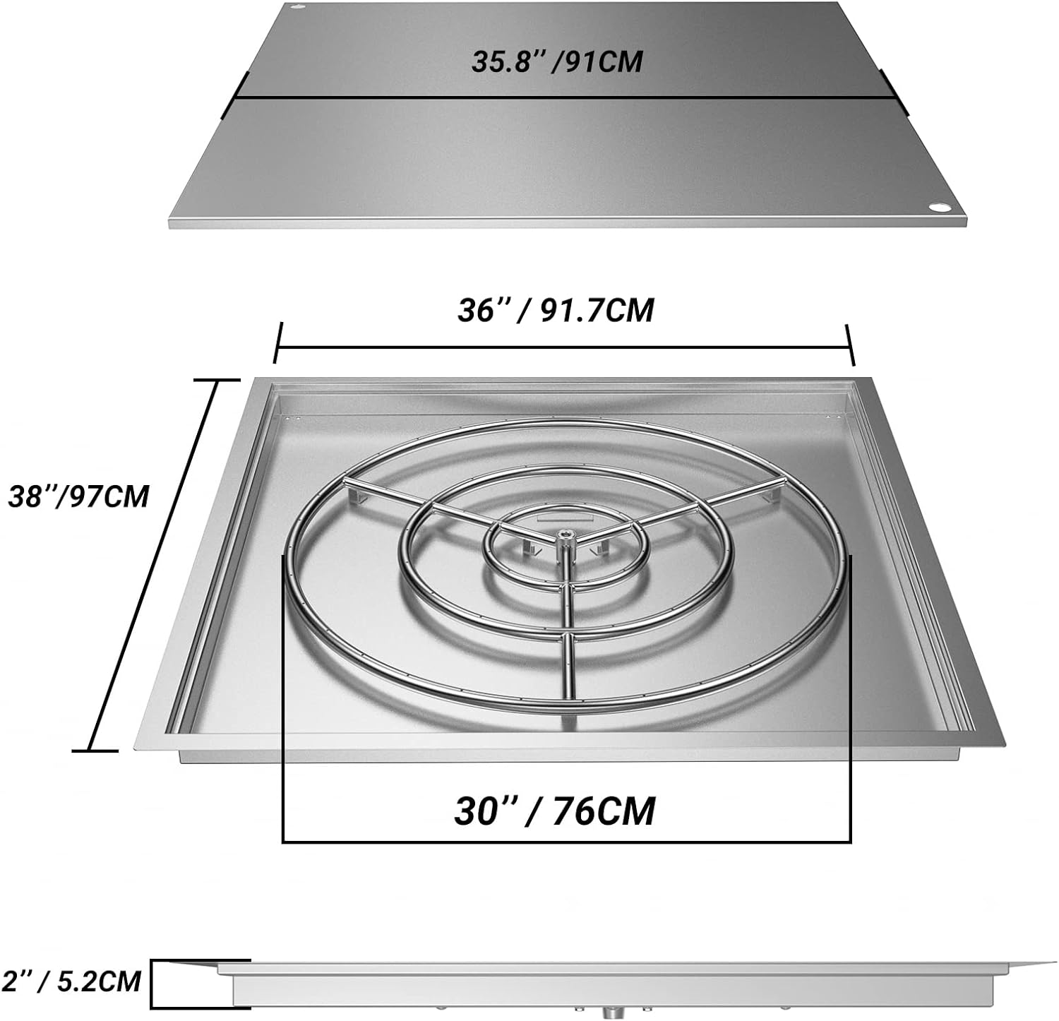 Diagram showing the dimensions of the 36x36 inch square fire pit pan and 30 inch burner ring.