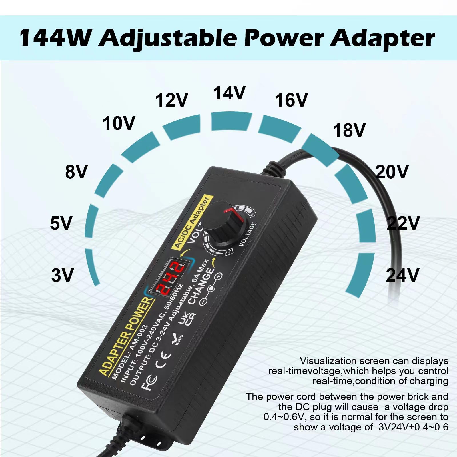144W Universal Einstellbares Netzteil Adapter 100V-240V AC to DC 3V-24V 6A Konverter Netzteil, Einstellbarer Netzadapter mit 14 Tipps & Polaritätskabel-6A Max