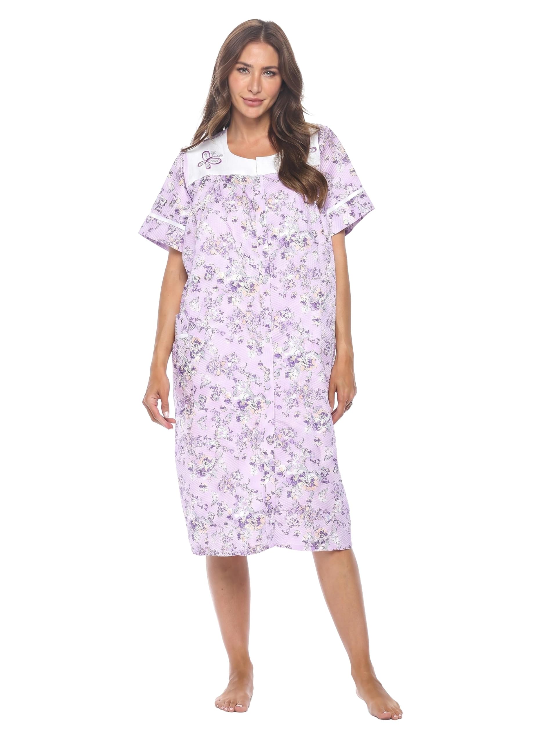 Casual Nights Women's Snap - Front House Dress Short Sleeve Woven Housecoat Duster Lounger Robe with Pockets
