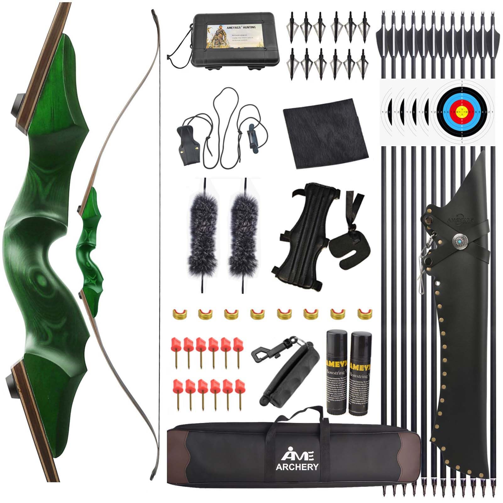 Poearcus Recurve Bow and Arrow Set 20-60lbs Black Hunter Original Archery Set 60” Hunting Bow Competition Bow Longbow for Shooting Left/Right Handed (Green, 25ibs, Right Hand)