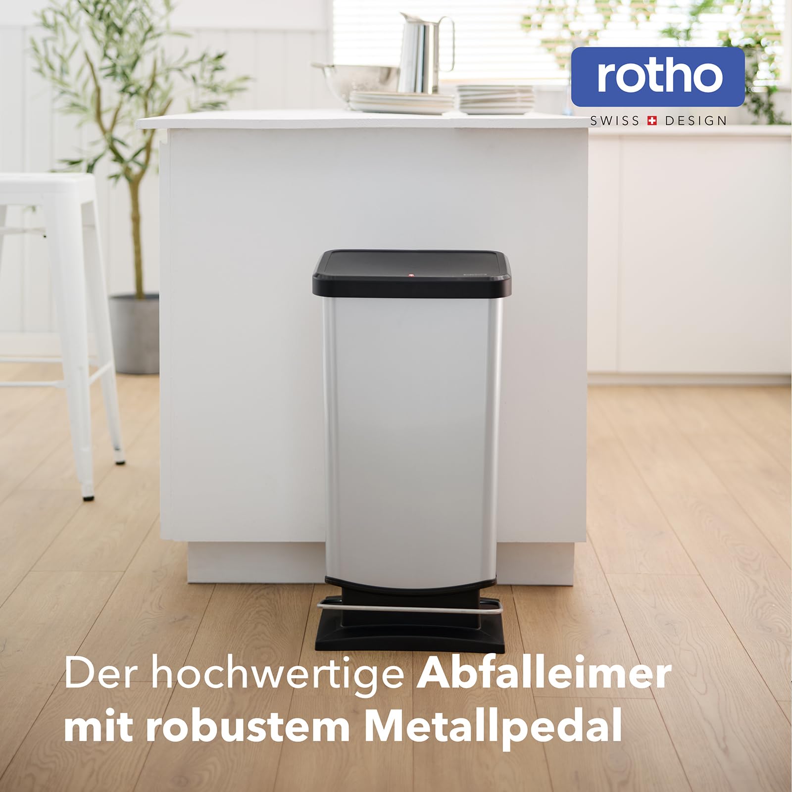 Rotho Paso - Cubo de Basura con Pedal (40 L), Color Plateado