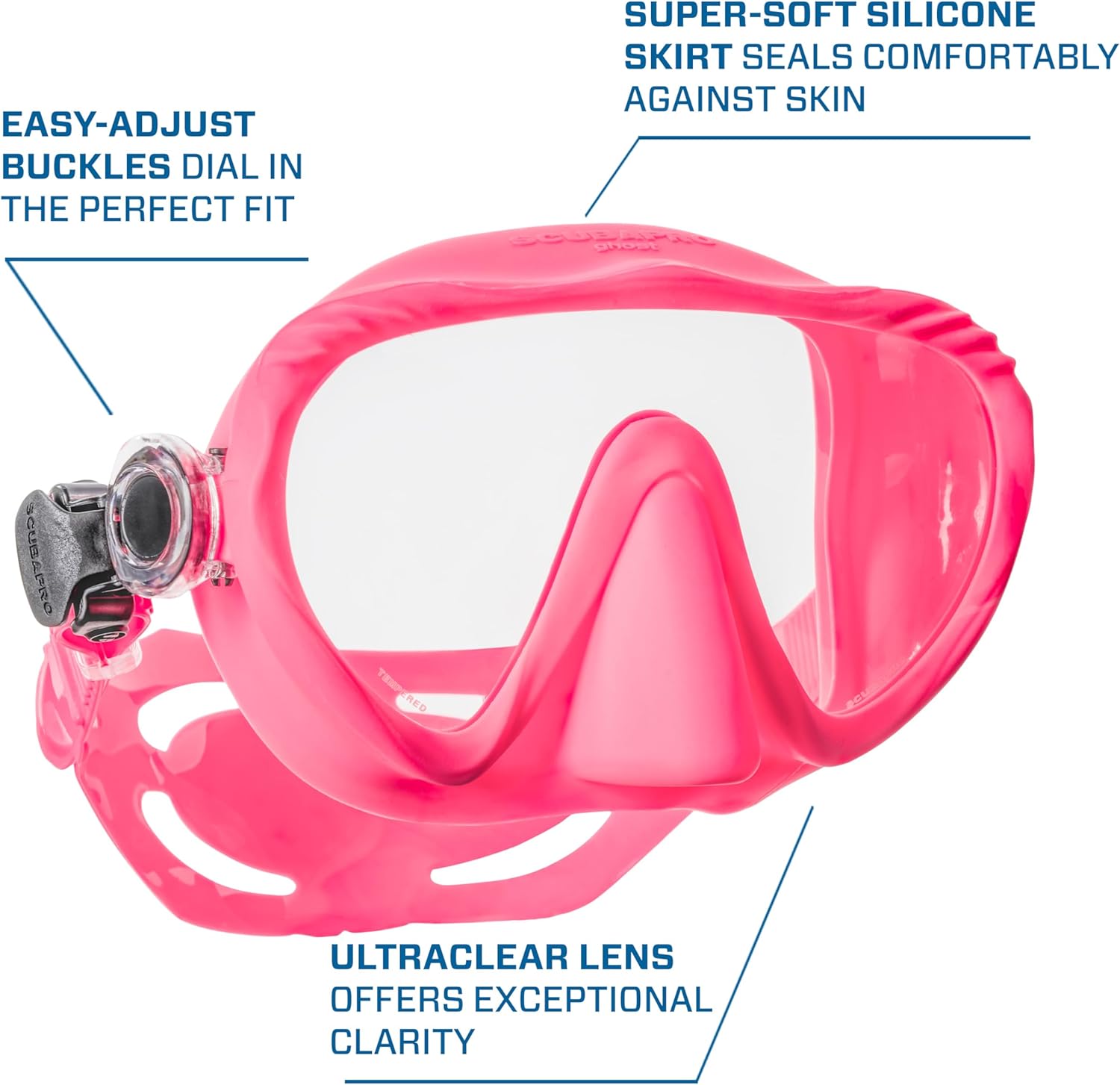 SCUBAPRO Ghost Scuba Dive Mask, Low-Volume Frameless Design w/Ultra Clear Single Lens, Silicone Skirt and Easy-Adjust Strap Buckles, Pink - Image 4