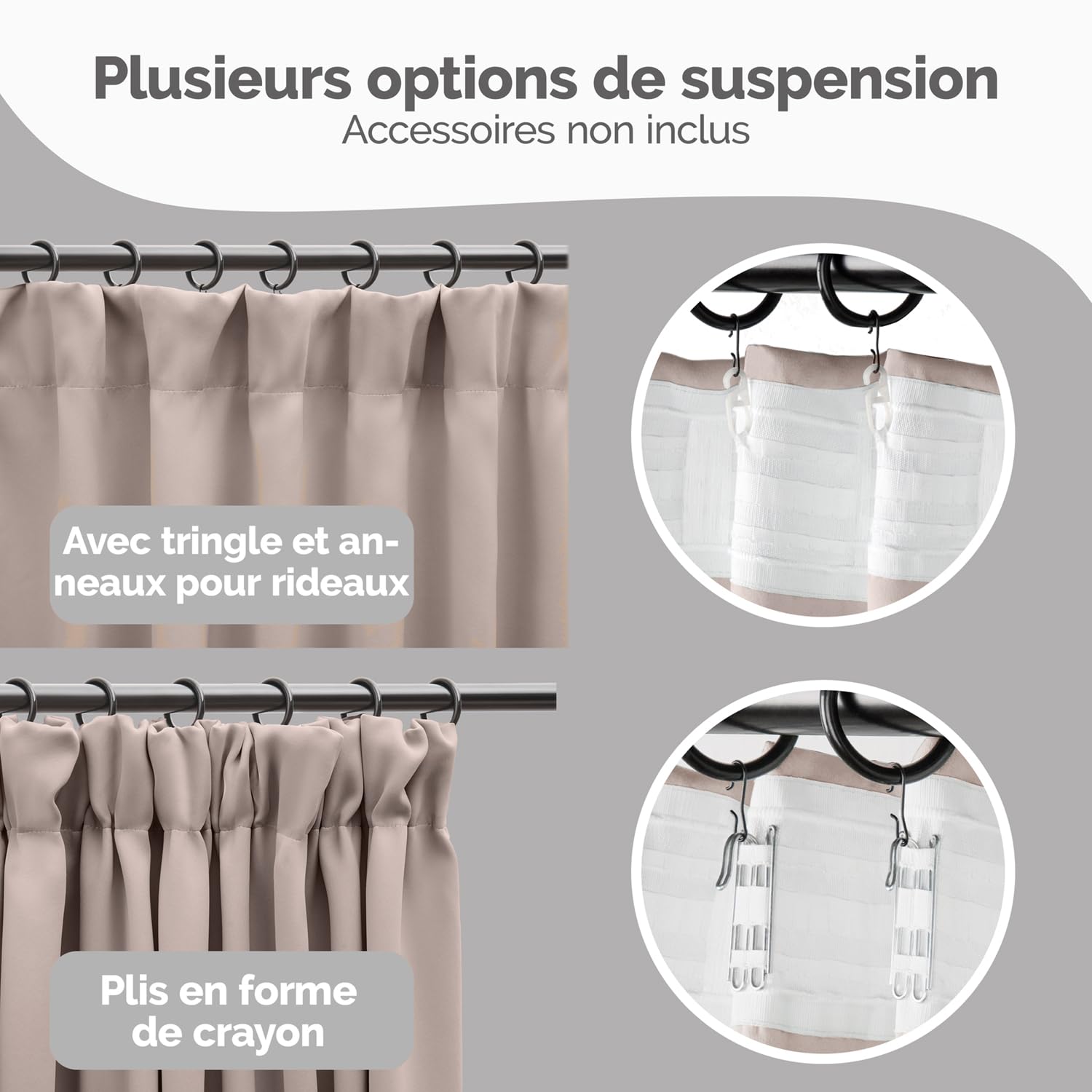 Blumtal Lot de 2 Rideaux Occultants à Galon Fronceur - Certifié Oeko-TEX - Rideau de Fenêtre Lavable pour Chambre et Salon - Taupe - 225x140 cm