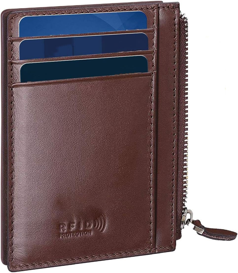 Contacts Credit Card Wallet, RFID Blocking Genuine Leather Card Holder Anti Theft (1 Zipper compartments, 6 Card Slots & 1 ID/Photo Window) Slim Pocket Purse for Men & Women Brown…