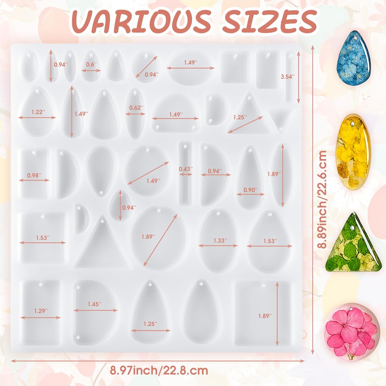 Resin Jewelry Molds, 38 Cavities Silicone Molds for Resin Epoxy Mold with Hole, Silicone Pendant Mold for Jewelry Casting, Earrings, Necklace, Keychains Making Gem DIY Crafting - Image 2