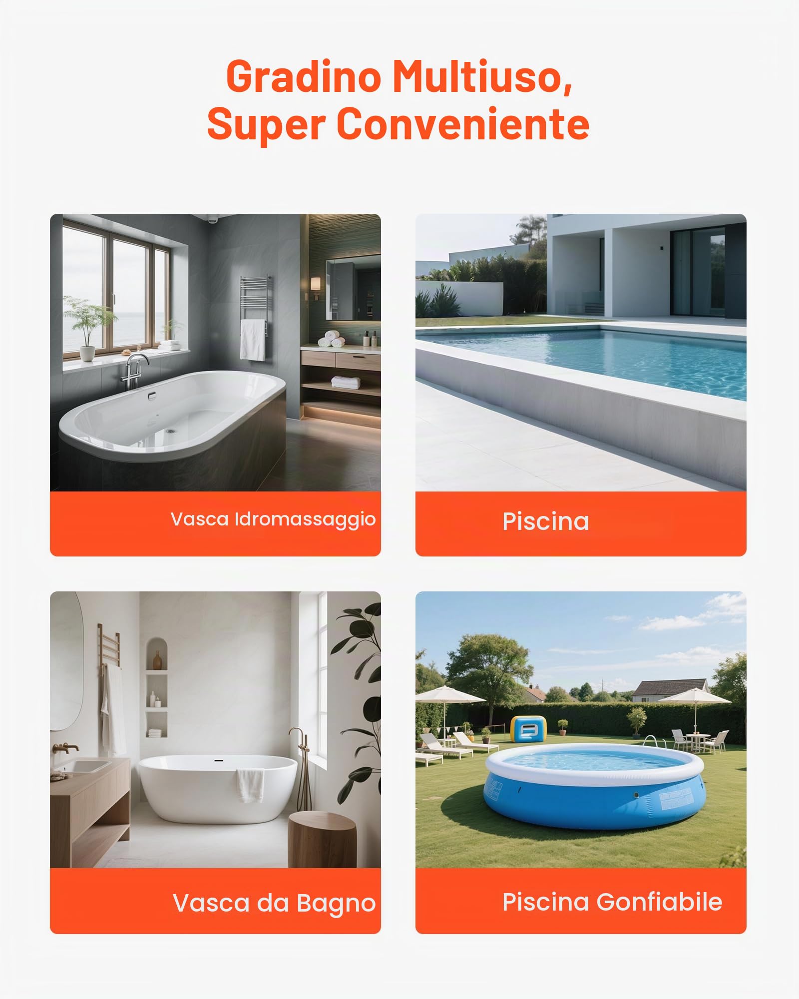 VEVOR Scala per Vasca Idromassaggio, a 2 Gradini, Scala per Piscina Gonfiabile Fuori Terra in HIPS, Larga 635 mm, Carico 272,2 kg, per Veranda, Patio, Terrazza, Camper, Grigio Grafite