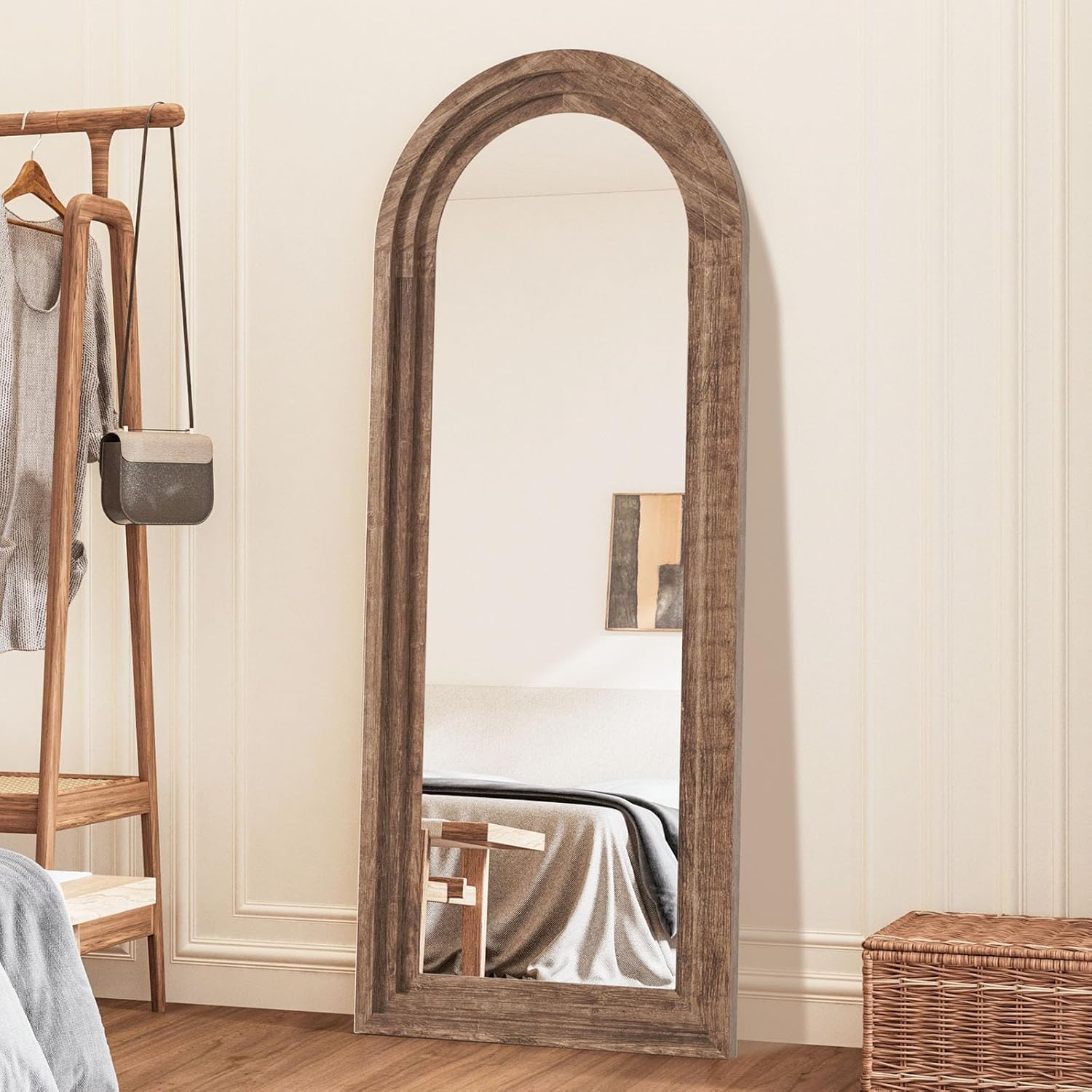 Arched Full Length Mirror with Solid Wood Frame 65x24 Inch Wall Mounted Floor Mirror, Vertical Hanging Leaning Standing Mirror for Living Room, Bedroom, Entryway, Brown
