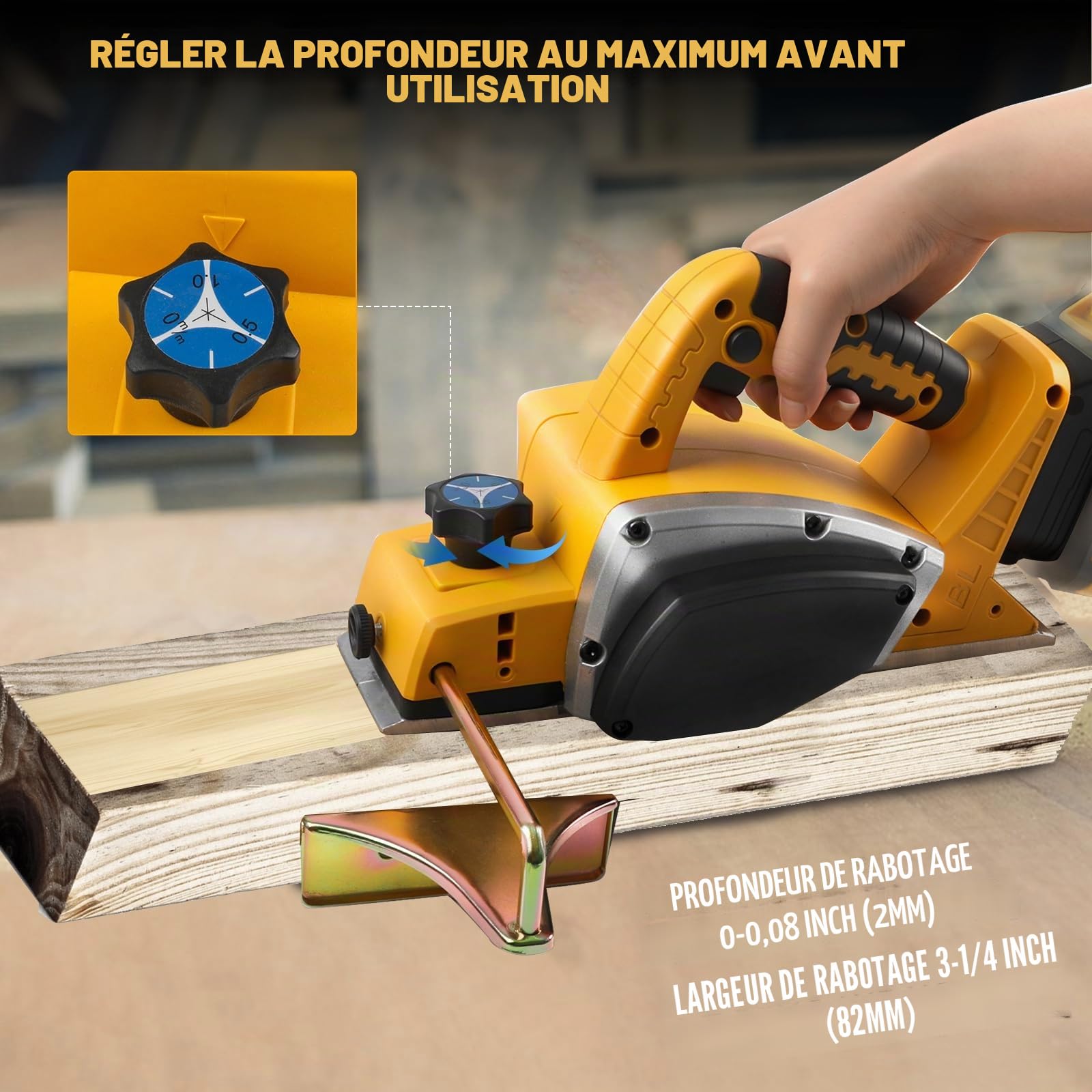 Raboteuse à main sans fil pour batterie Dewalt 18 V 20 V, rabot électrique sans balais 15 000 tr/min, largeur de coupe de 82 mm, profondeur de coupe de 0 à 2 mm, rabot électrique pour le travail du