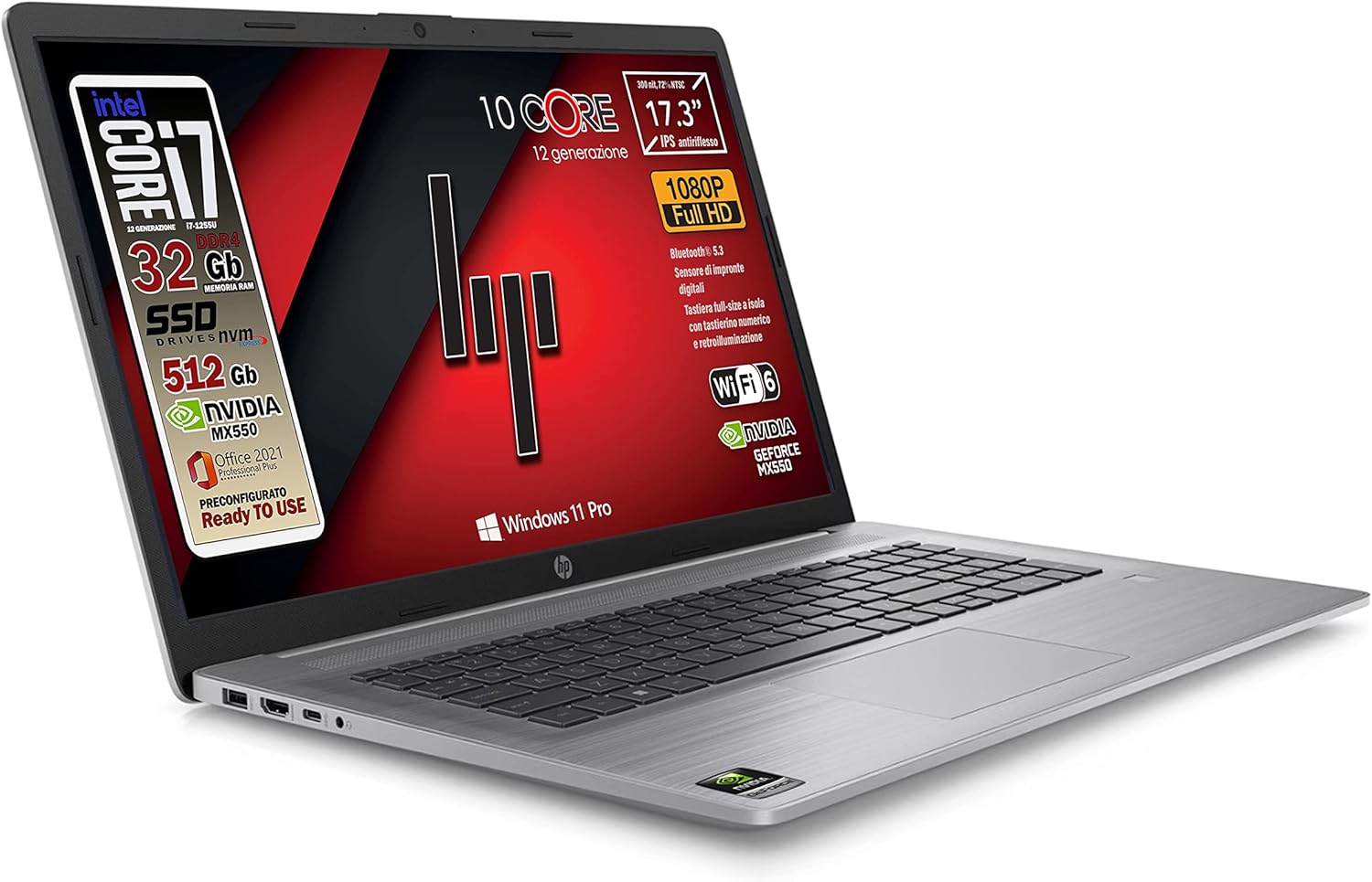 HP 470 G9, notebook, Intel i7 12 Th. 10 Core, RAM 32 Gb, SSD 512 Gb, 17.3 IPS Full HD, Geforce Mx 550 dedicata, wi-fi 6, webcam HD, tastiera retroilluminata, Win 11 Pro, Office Pro, Garanzia Italia