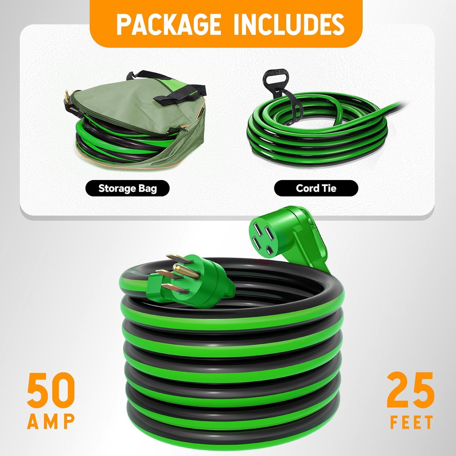 Cable de extensión de 25 pies y 50 amperios RV/EV para exteriores, resistente al agua, cable de alimentación STW RV de 4 clavijas, NEMA 14-50P/R, enchufe estándar para carga EV y caravanas,