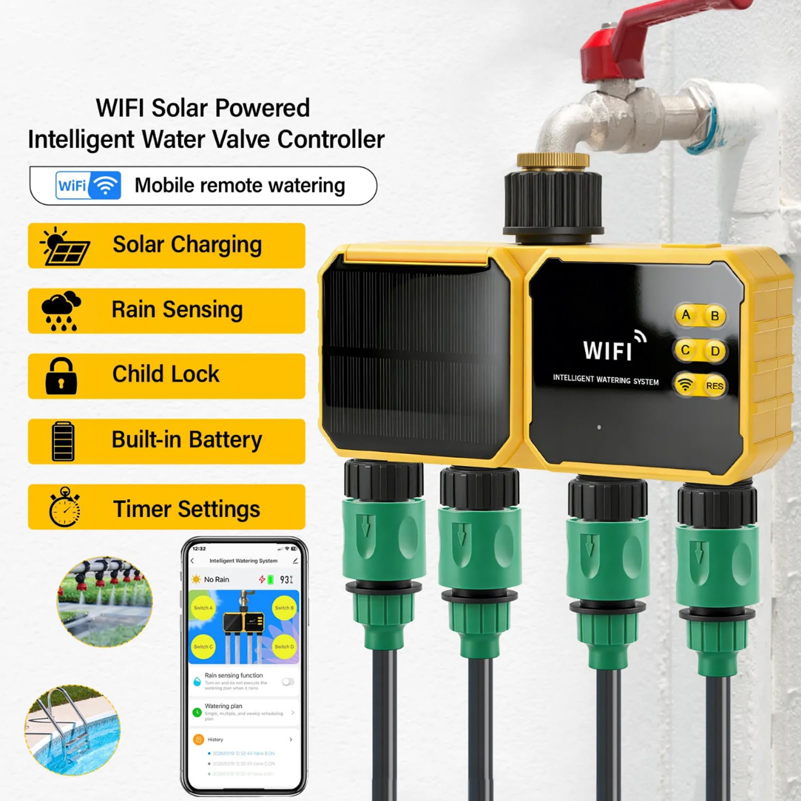 Hyuduo Sprinkler-Timer, 4-Zonen-Solar-WiFi-Wassertimer mit APP-Fernbedienung, Regenerkennungsfunktion, 90° Verstellbares Bedienfeld für die Rasen- und Gartenbewässerung (Zollgewinde 3/4")