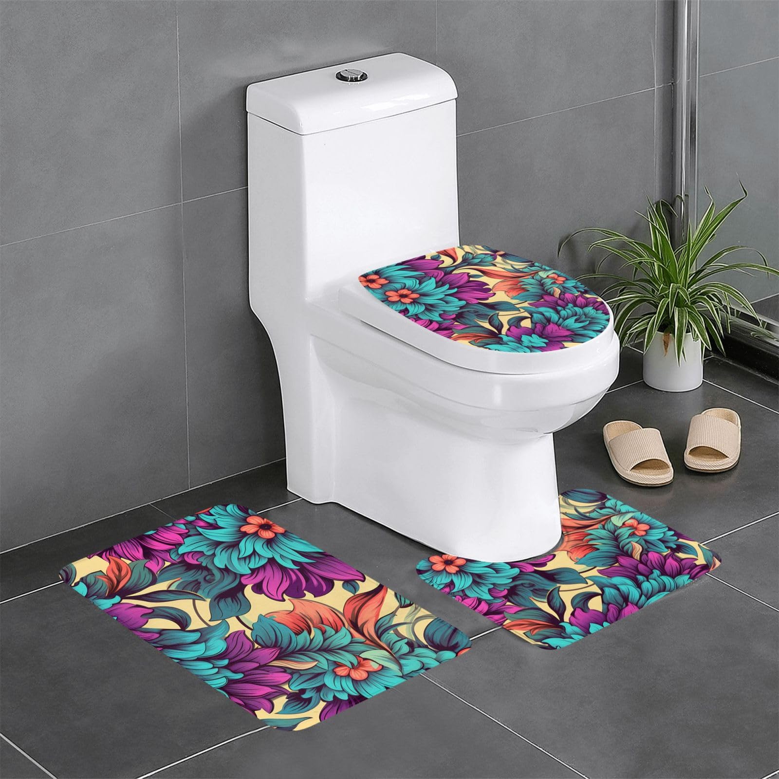 Tapis de salle de bain fleuris et absorbants à envers antidérapant pour WC et vasques