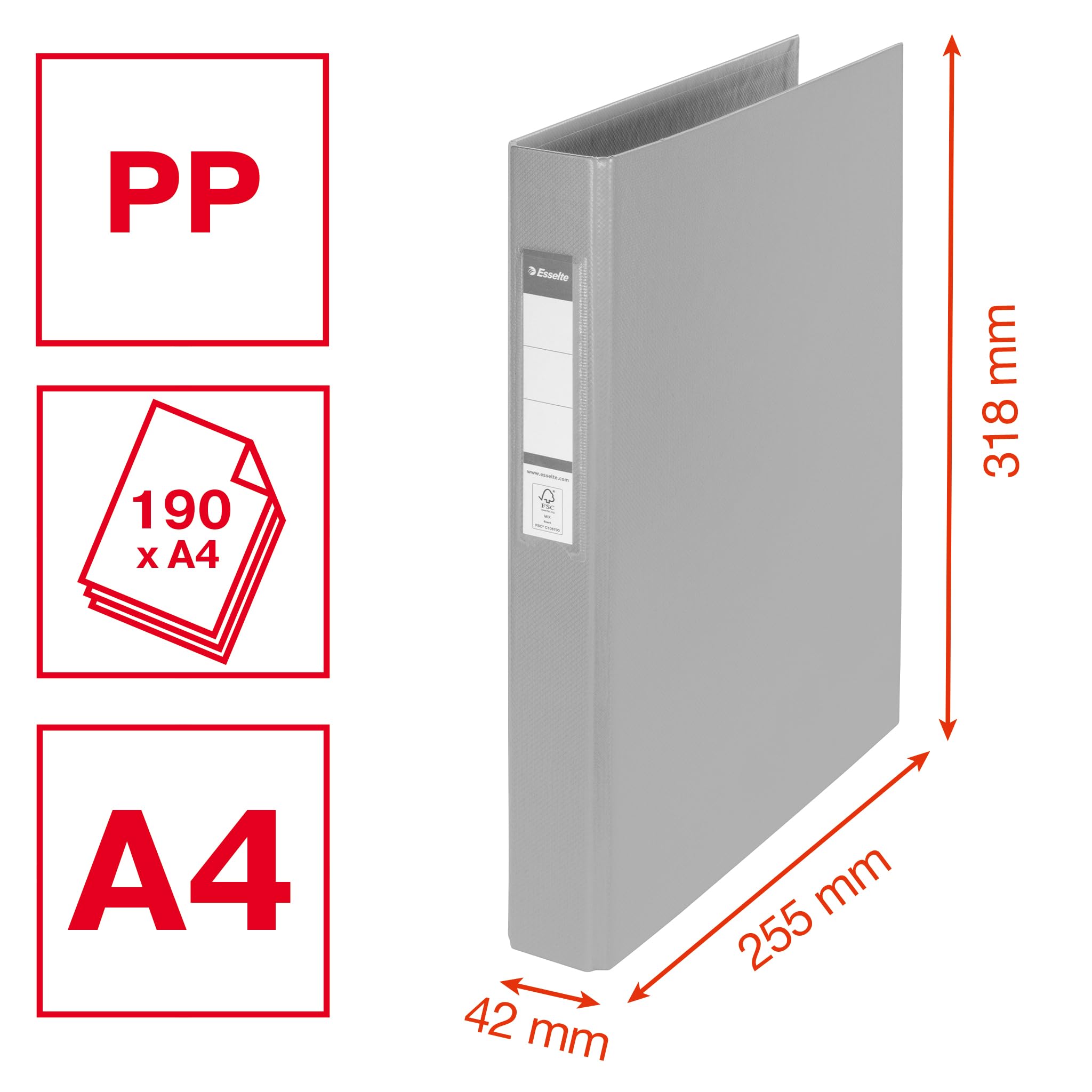 Esselte Confezione da 10 raccoglitori a 2 anelli, capacità 190 fogli, dorso 42 mm, formato A4, copertina rigida in plastica, per organizzare la scrivania di casa/ufficio, serie Vivida, nero, bianco,