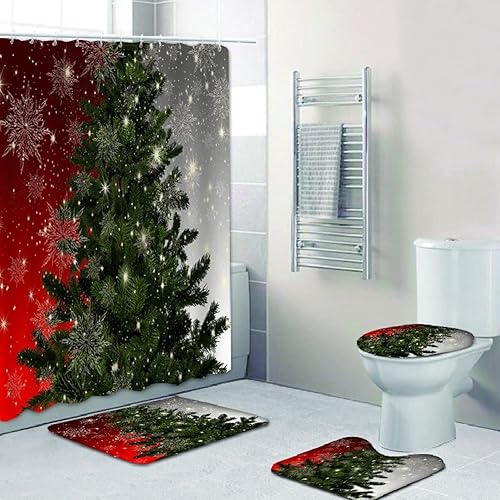 Miniatura 58 de Juego de 4 cortinas de ducha con alfombra antideslizante, cubierta para tapa de inodoro y tapete de baño, cortina de ducha de Papá Noel con 12 Papá