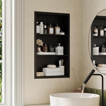 Qeke 14x24 Recessed Medicine Cabinet, Medicine Cabinet No Mirror, 304 Stainless Steel Medicine Wall Niche with 3-Tiers Shelves, Matte Black