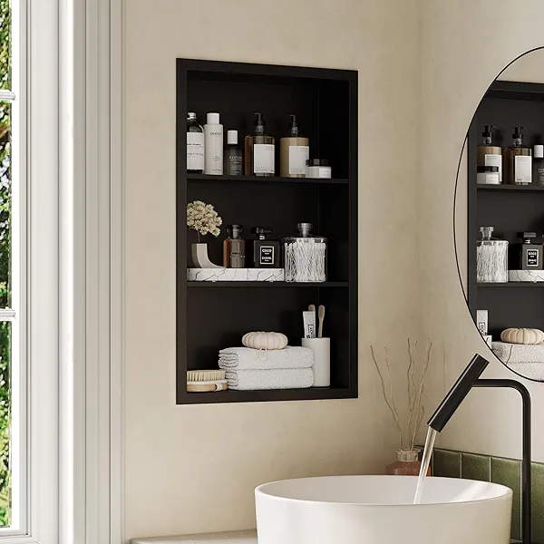 Qeke 14x24 Recessed Medicine Cabinet, Medicine Cabinet No Mirror, 304 Stainless Steel Medicine Wall Niche with 3-Tiers Shelves, Matte Black