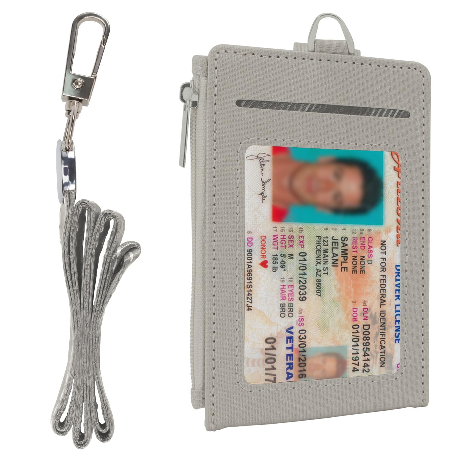 ID Badge Holder with Zip Pocket, Leather TD Card Holder with Lanyard