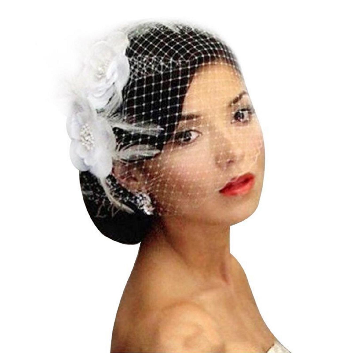 Enjoybeauty White Bridal Birdcage Veil Flower Crystal Wedding Netting Bridal Veil
