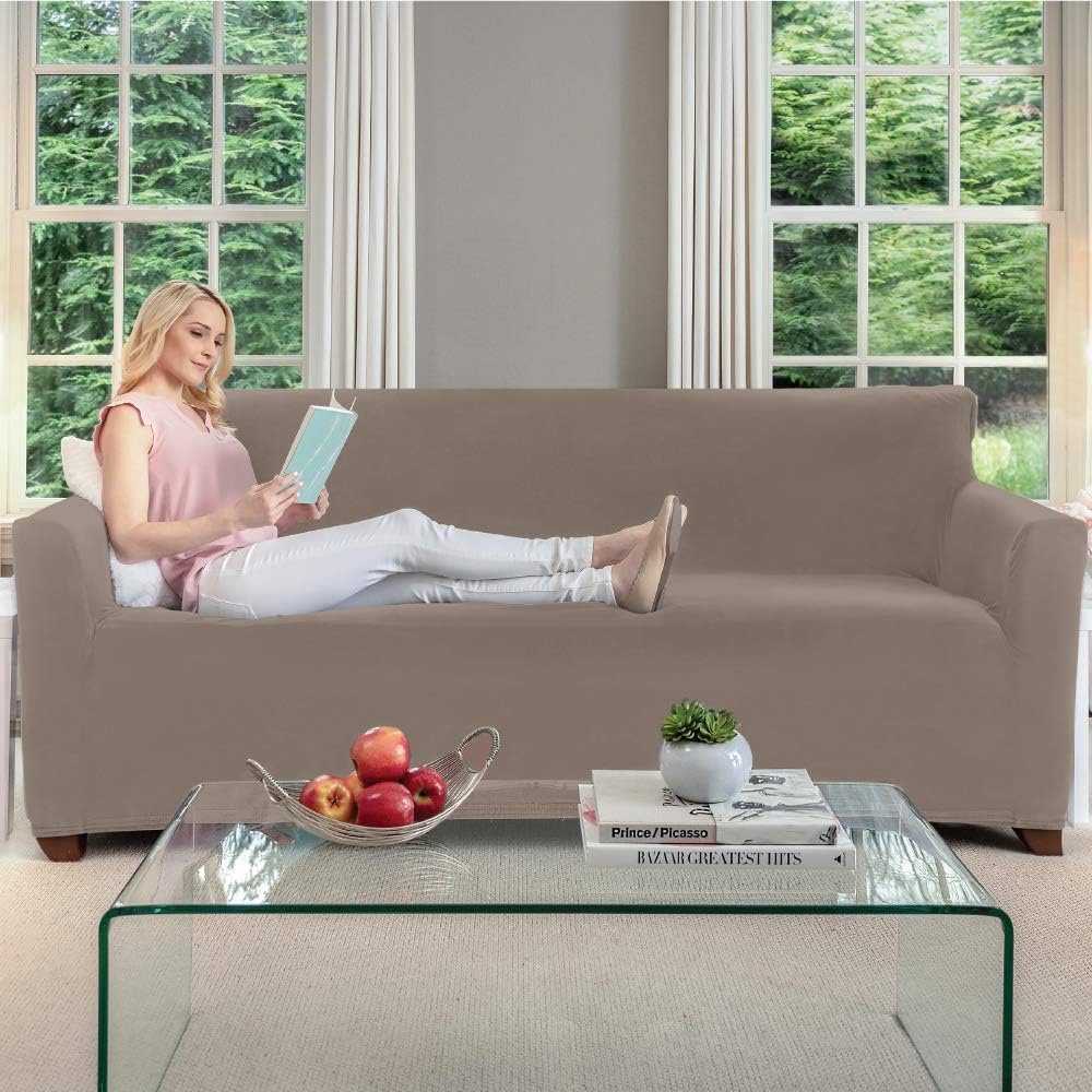 Gorilla Grip Original Fitted Velvet 1 Piece X-Large Oversized Sofa Protector, Seat Width to 78 Inch, Stretch Furniture Slipcover, Fastener Straps, Spandex Couch Slip Cover Throw for Dogs, Sofa, Beige