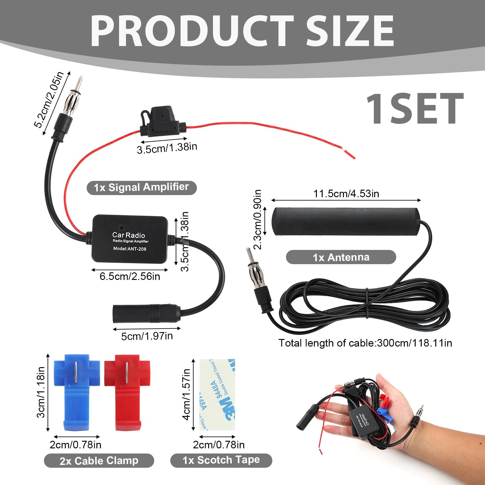 Antenna auto con amplificatore universale 12 V, autoradio FM AM DAB con cavo da 300 cm, amplificatore antenna auto con adattatore DIN e filtro rumore MMIC, antenna parabrezza, autoradio per auto