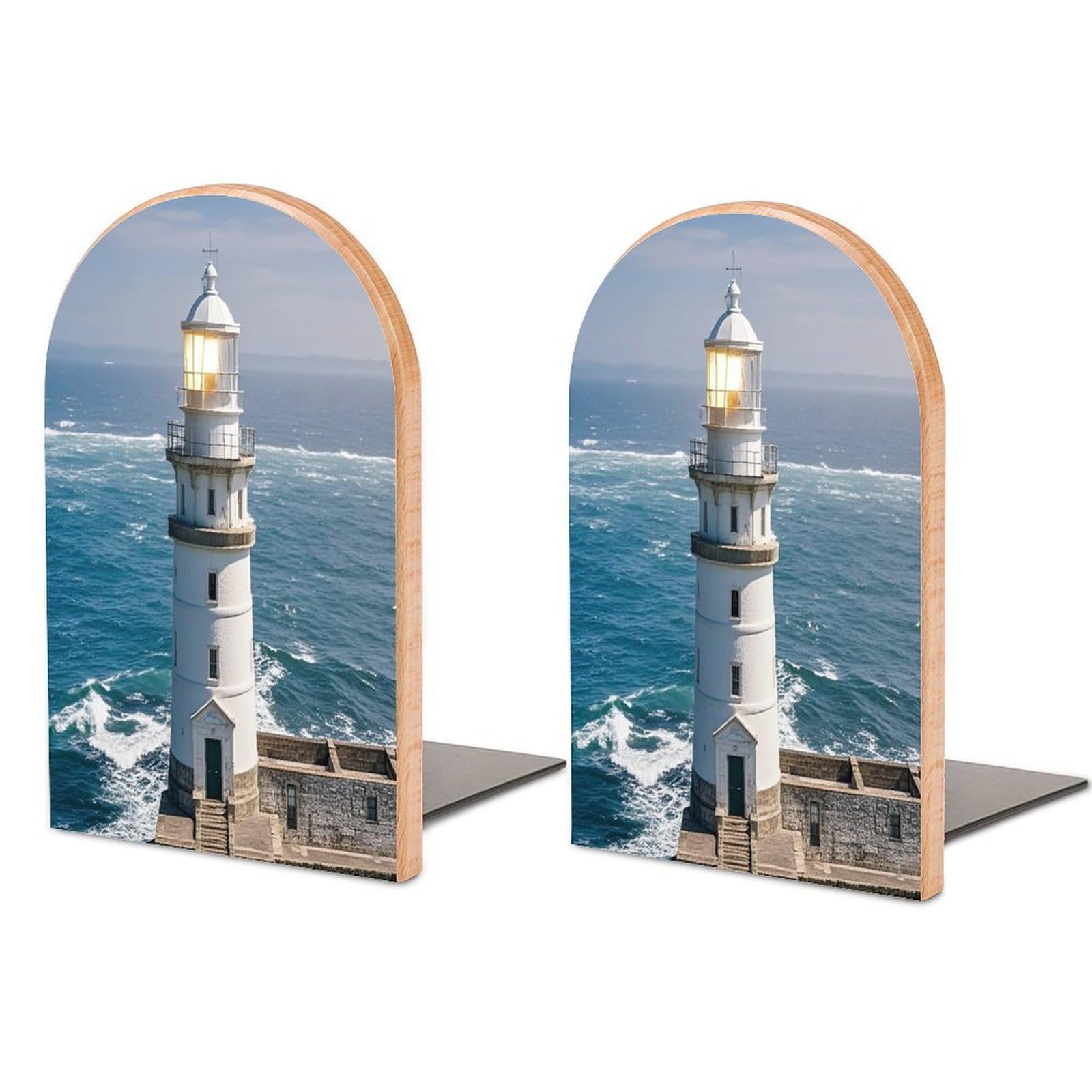 Lighthouse Sandbeach Book Ends Wood Non-Skid Bookend for Shelves Heavy Duty Bookends with Metal Base Decorative Books Stopper Desk Organizers Book Dividers for Office Home 1 Pair