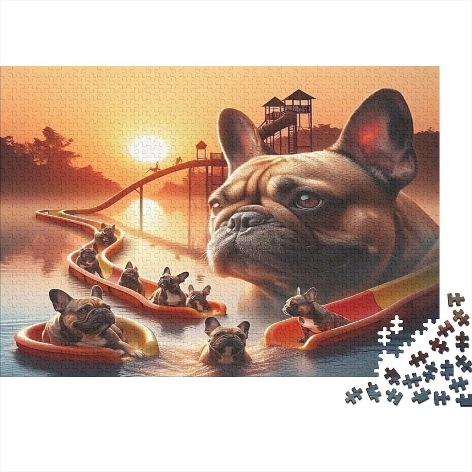 Frenchie Slide Fun 1000Pc Jigsaw Decorative Puzzle Eco-Friendly Bulldog Water Park High Difficulty Birthday Gifts for Adults & Families 70x50cm/1000pcs — image 1