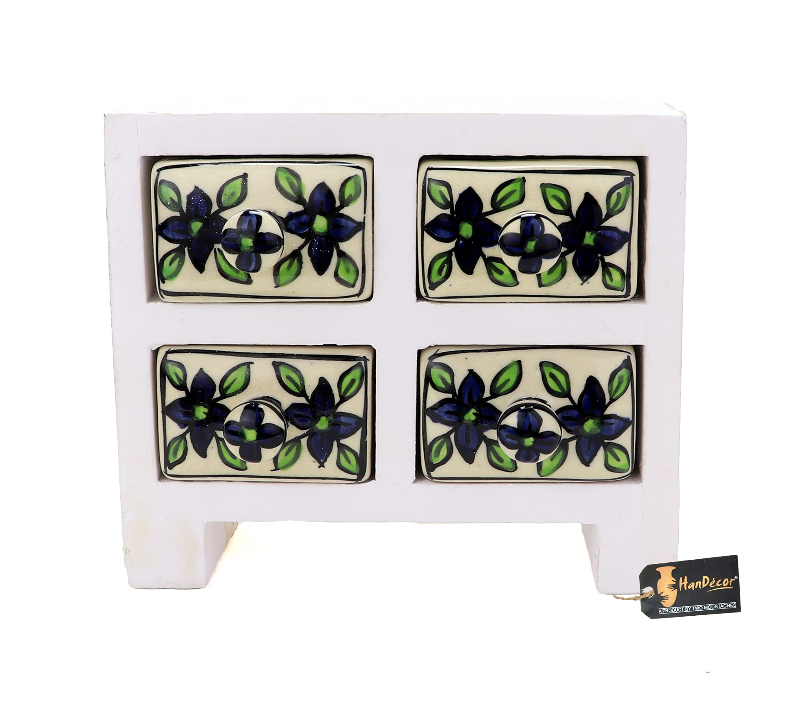 Two Moustaches 5.5 Inches Wooden Chest Tower with 4 Ceramic Drawers, Multipurpose Storage, Dressing Table Organizer, Decorated Wooden Drawer Table Décor, White, Standard, Pack of 1-image-24