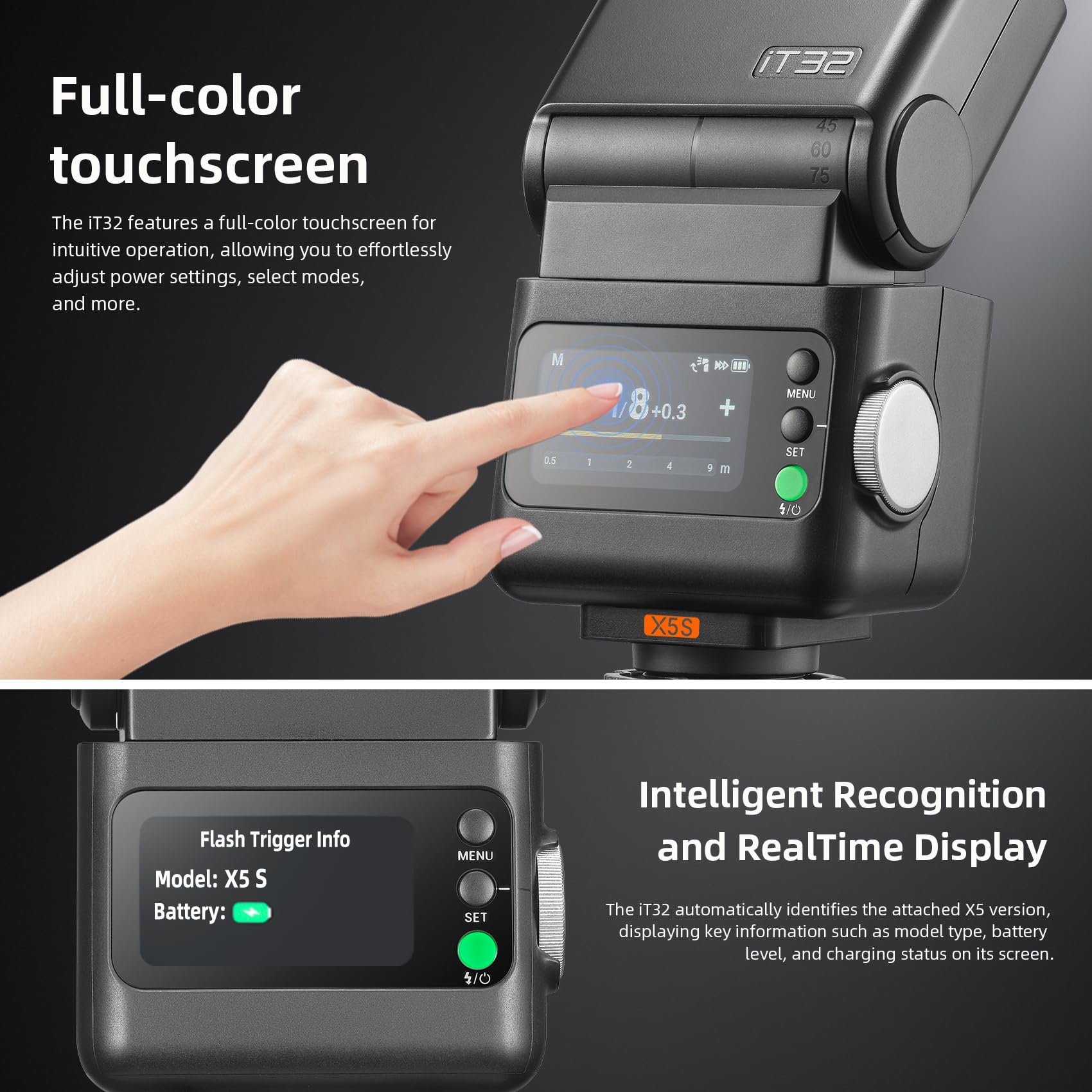 GODOX iT32 TTL Mini Flash avec Déclencheur X5S pour Appareil Photo Sony | GN18, HSS 1/8000, Sans Fil 2,4GHz, Écran Tactile, Temps de Recyclage 1,5s, Lampe Modèle LED, Batterie au Lithium Rechargeable