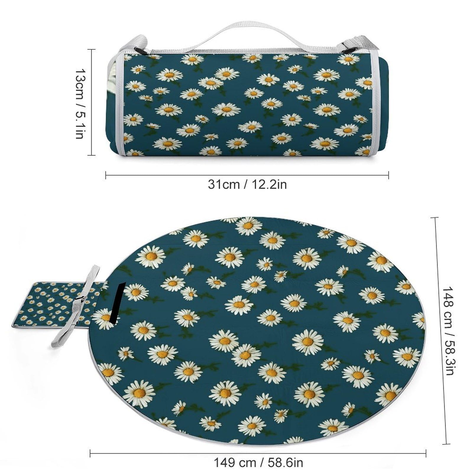 Mantas pequeñas de pícnic de margaritas, redondas, plegables, ligeras, impermeables, para exteriores, para primavera, verano, camping, parque, viajes, hierba