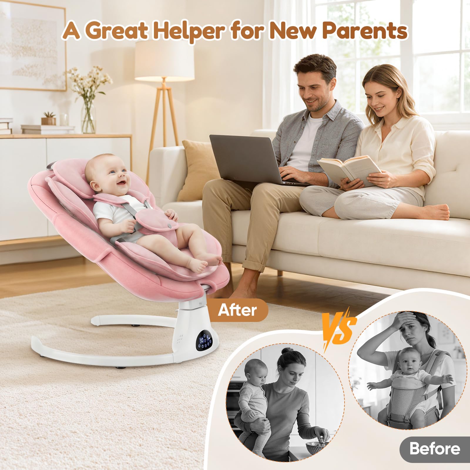 Hamaca eléctrica Bebe con arnés de 5 Puntos, 5 Modos de balanceo, Temporizador de 3 Niveles, Mando a Distancia y música, se Puede Utilizar en Interiores y Exteriores (Rosa)
