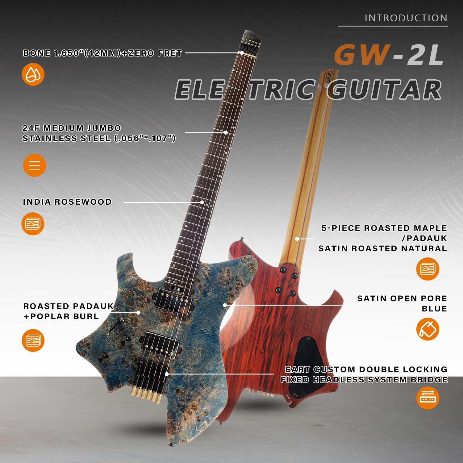 EART Chitarra elettrica per mancini Headless Fix Bridge per chitarra da viaggio a 6 corde, piccola ma piena, ultra leggera per viaggi e prestazioni, chitarra solida