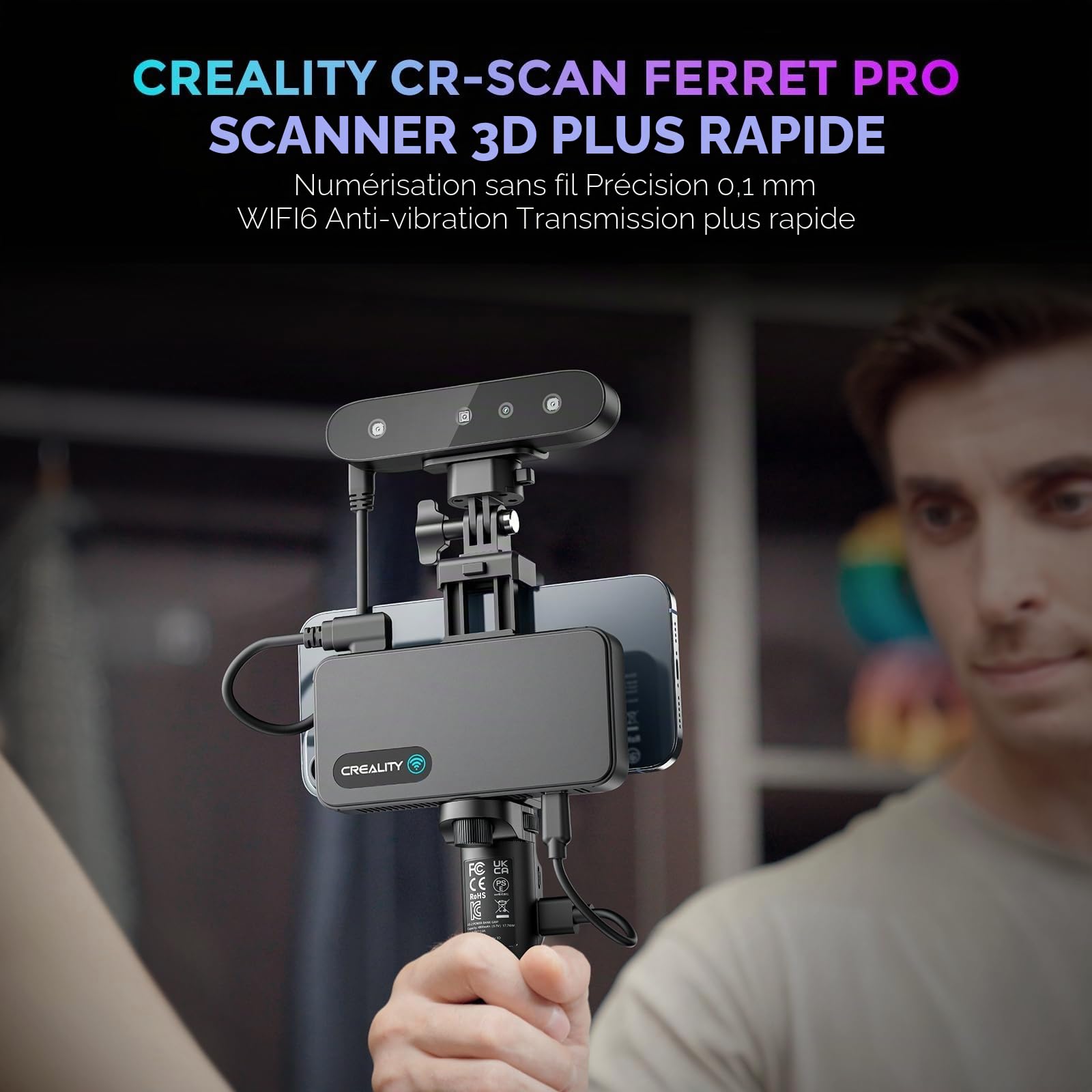 Creality CR-Scan Ferret Pro Scanner 3D portable pour imprimante 3D, modélisation d'impression 3D, précision 0,1 mm, numérisation couleur 24 bits, anti-shake, WiFi 6, pour Android IOS Phone PC Mac Win