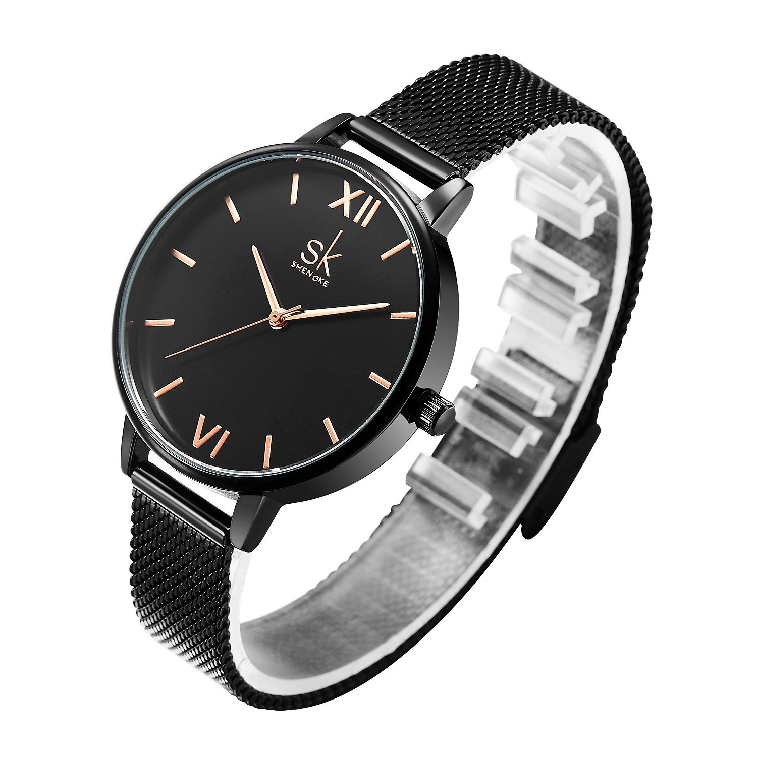 SHENGKE Simplicity Orologio da donna creativo in vera pelle elegante orologio da polso da donna, K0039-Cinturino in maglia nera