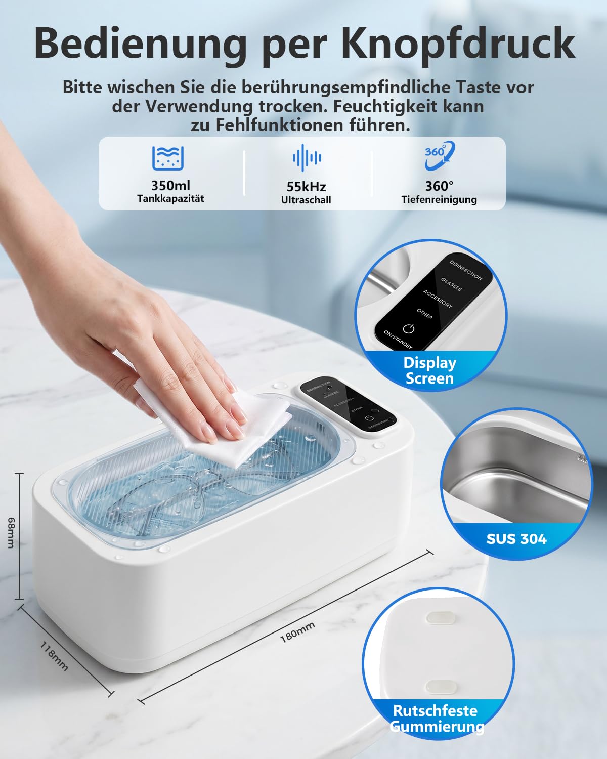 Ultraschallreinigungsgerät mit U-V, Ultraschallreiniger Brille,55KHz Schmuckreiniger Ultraschall, 350ML Ultraschall Reinigungsgerät, Cleaner mit 4 Modi für Schmuck, Zahnschiene, Schmuck,Uhren