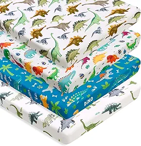 4 Pack Baby Boy Pack N Play Mini Crib Sheets Soft Fitted Baby Boy Mattress Covers Construction Truck or Dinosaur Theme Breathable Toddler Sheets for Infant (Dinosaur, Pack N Play Mini Crib Sheets)