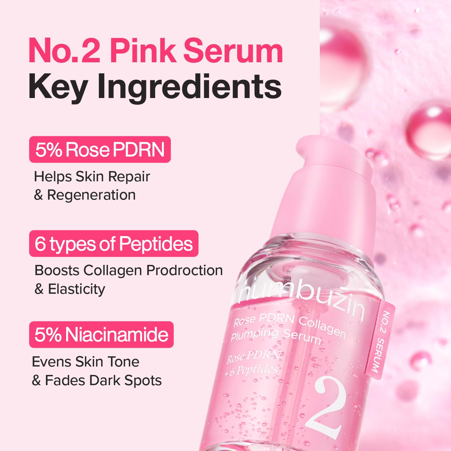 numbuzin No.2 Rose PDRN Collagen Plumping Serum, Hydrating & Firming Serum with Peptides, Plump, Glowing Skin, Korean Skincare, 1.01 fl oz (30ml)