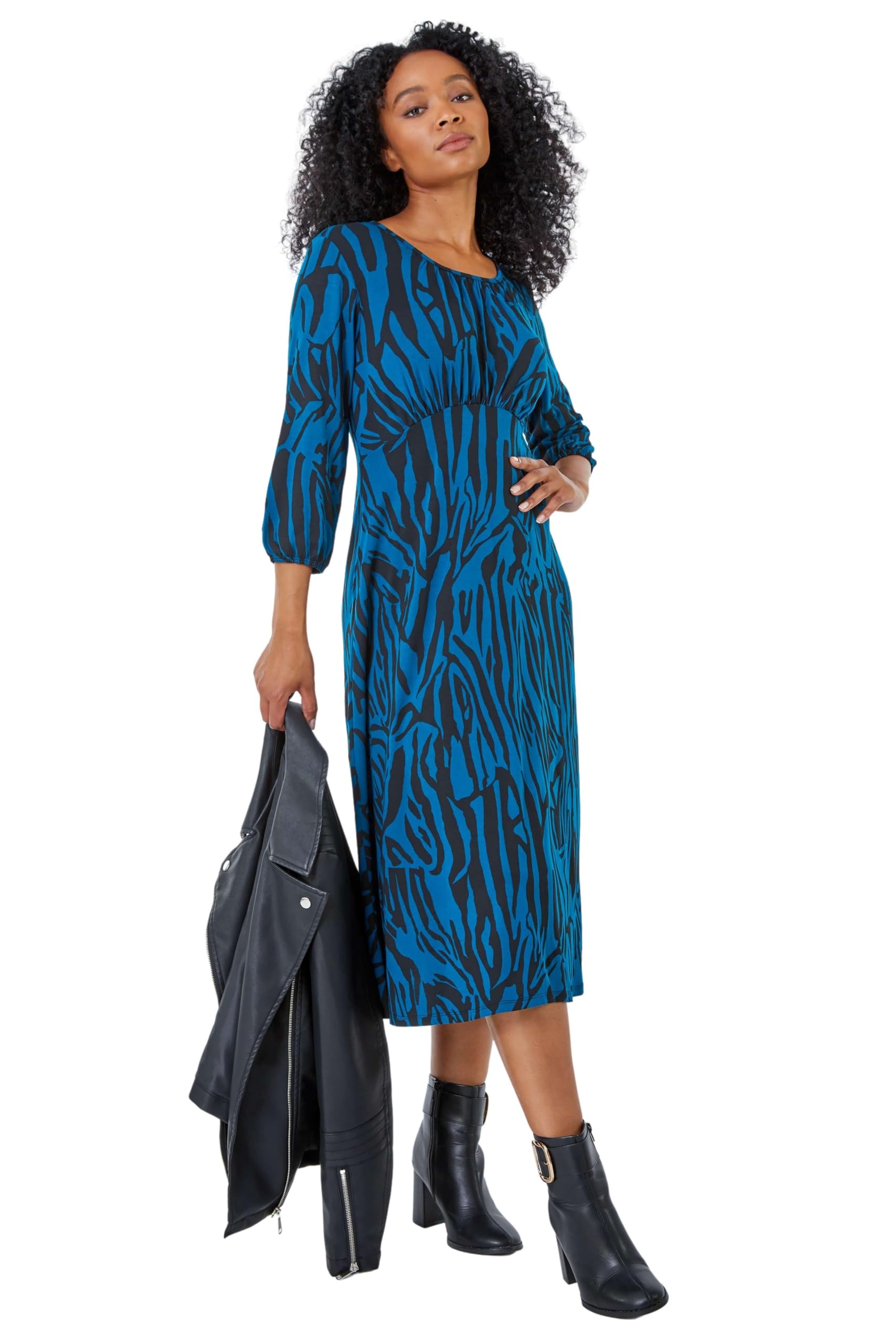 Roman Women's Teal Petite Animal Print Midi Dress In | Size: 14