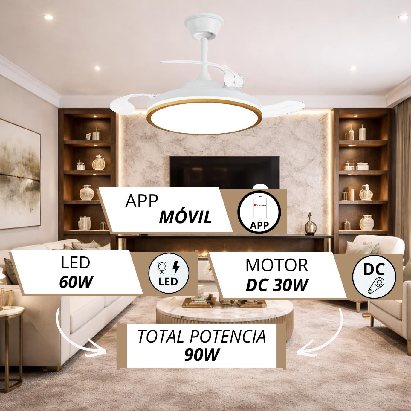NARVI Ventilador de Techo Madera Roble MORAIRA con Luz LED Regulable, Motor DC Silencioso de Bajo Consumo, Lámpara Ventilador con Mando a Distancia, 3 Aspas Retráctiles, Función Invierno Verano,