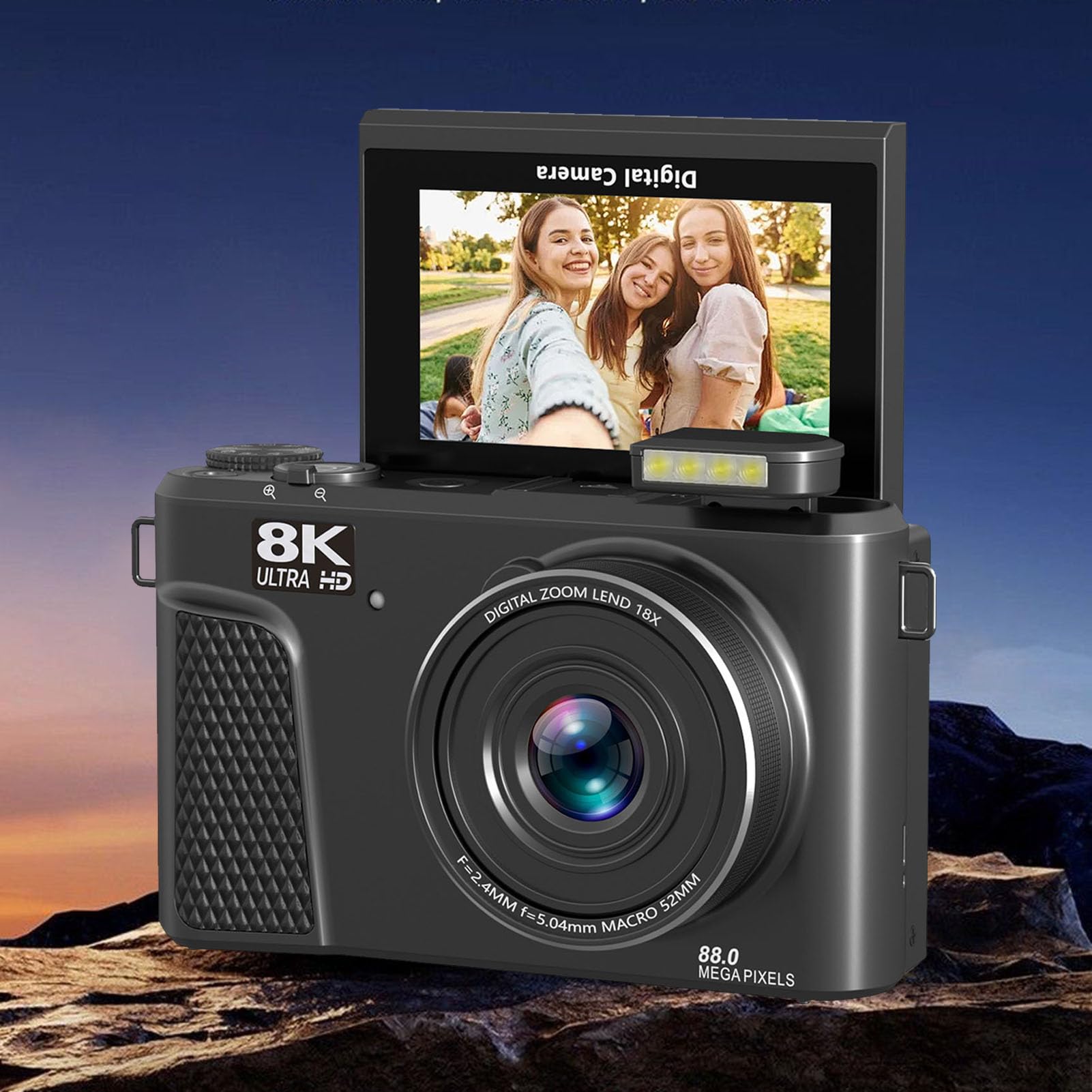 Asixxsix Aparat Cyfrowy 88 MP do Robienia zdjęć, Nagrywania Wideo 8K 18-krotny Zoom WiFi Kamera do Vlogowania z 3-calowym Ekranem Odchylanym o 180° dla YouTube Początkujący Nastolatki (BLACK)