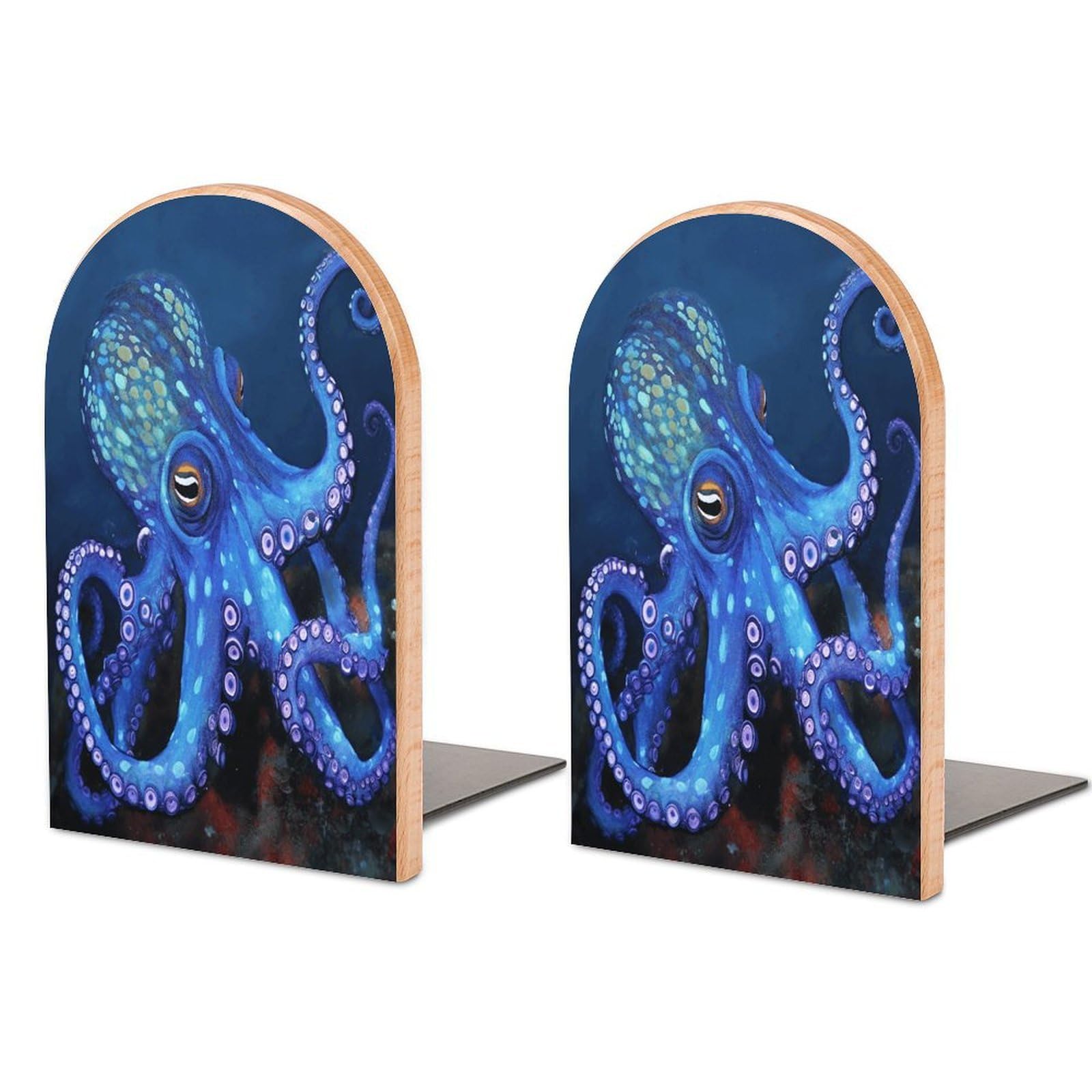 Blue Octopus Bookend Wood Book End for Shelves Heavy Duty Non-Slip Wooden Bookend Support Universal Economy Bookends Fancy Modern Decorative Book Accessories 1 Pairs