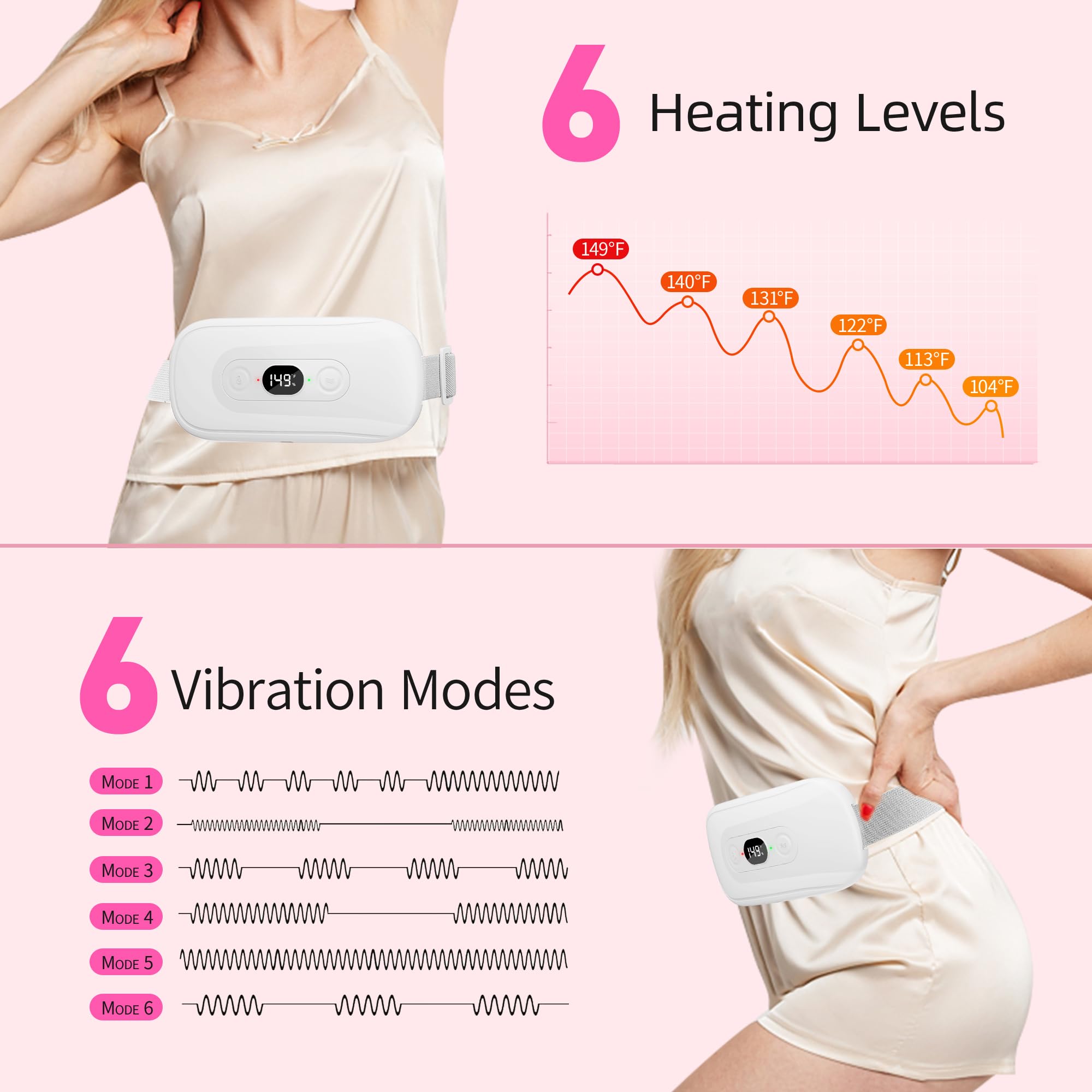 Almohadilla térmica eléctrica portátil menstrual: 6 niveles de calor, 6 modos de vibración, temporizador de 30 a 60 minutos, almohadilla térmica inalámbrica para viajes, calambres, alivio del dolor