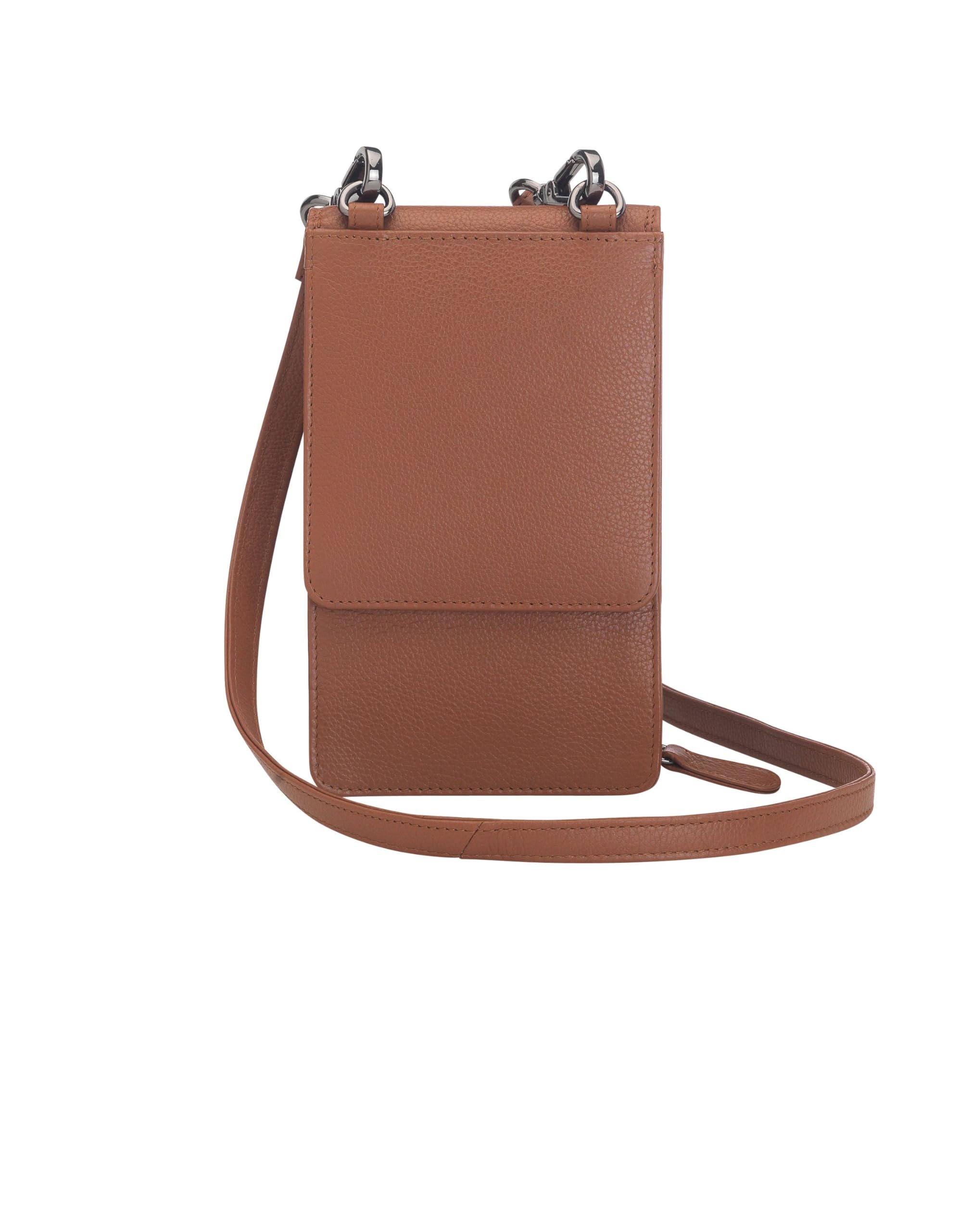 Torebka na telefon komórkowy do zawieszenia damska mała, prawdziwa skóra, torba na ramię na telefon komórkowy, smartfon, torba z ochroną RFID, zamek błyskawiczny Crossbody (100), Caramel, 17 x 10 x 4 cm