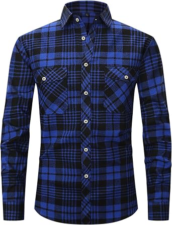 Mens Plaid Shirt Flannel Long Sleeve Double Pockets