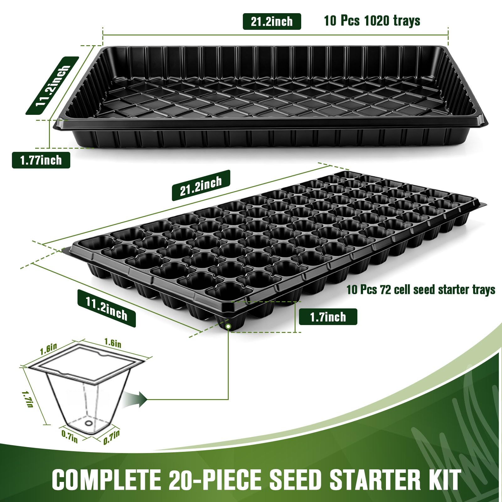 20er-Pack Saatgut-Starterschalen-Set, 10 Packungen mit 1020 Schalen und 10 Packungen mit 72 Zellen, robuste Kunststoff-Samen-Startschalen für Gemüse, Blumen, Kräuter, Sukkulenten