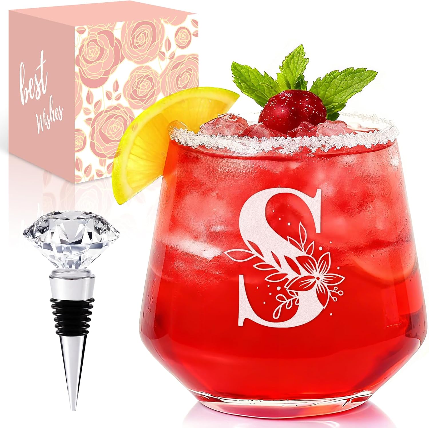 Physkoa Personalized Stemless Wine Glass — Customized A–Z Initial, Etched & Dishwasher Safe | Birthday Wine Gift for Her, Mom, Friend, Wife, Sister | Valentine’s Day Monogrammed Gift(S)