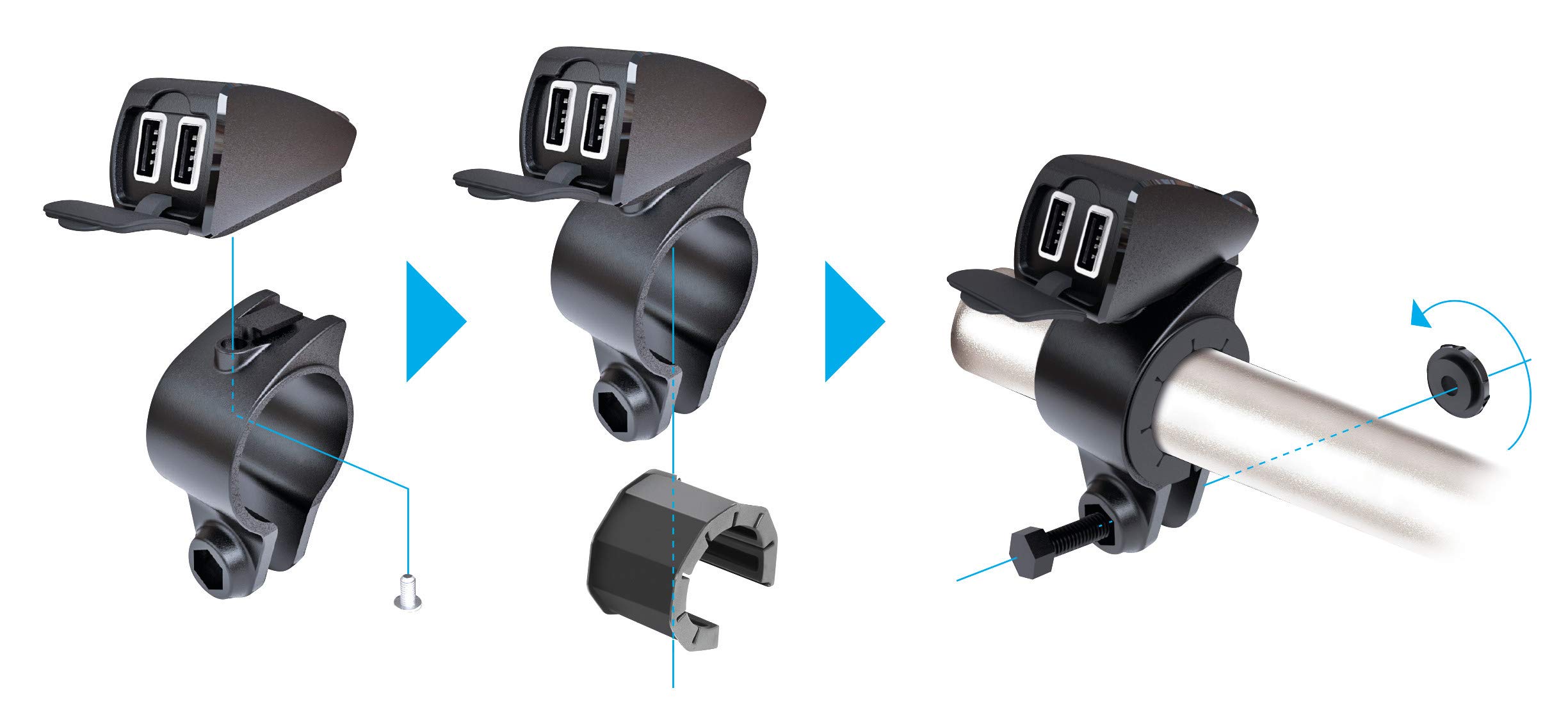 Lampa 38828 USB-Fix Trek podwójna ładowarka USB, wodoodporną, montaż na kierownicy – Ultra Fast Charge – 5400 mA – 12/24 V