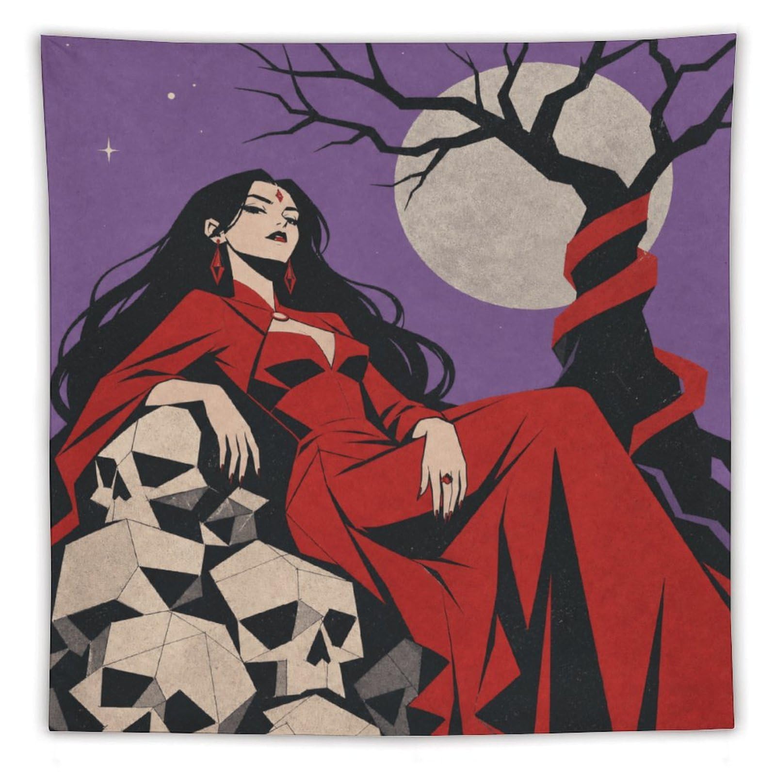W7C8U2X3 Woman under Purple Moon Wall Tapestry, Gothic Oil, Reading Corner