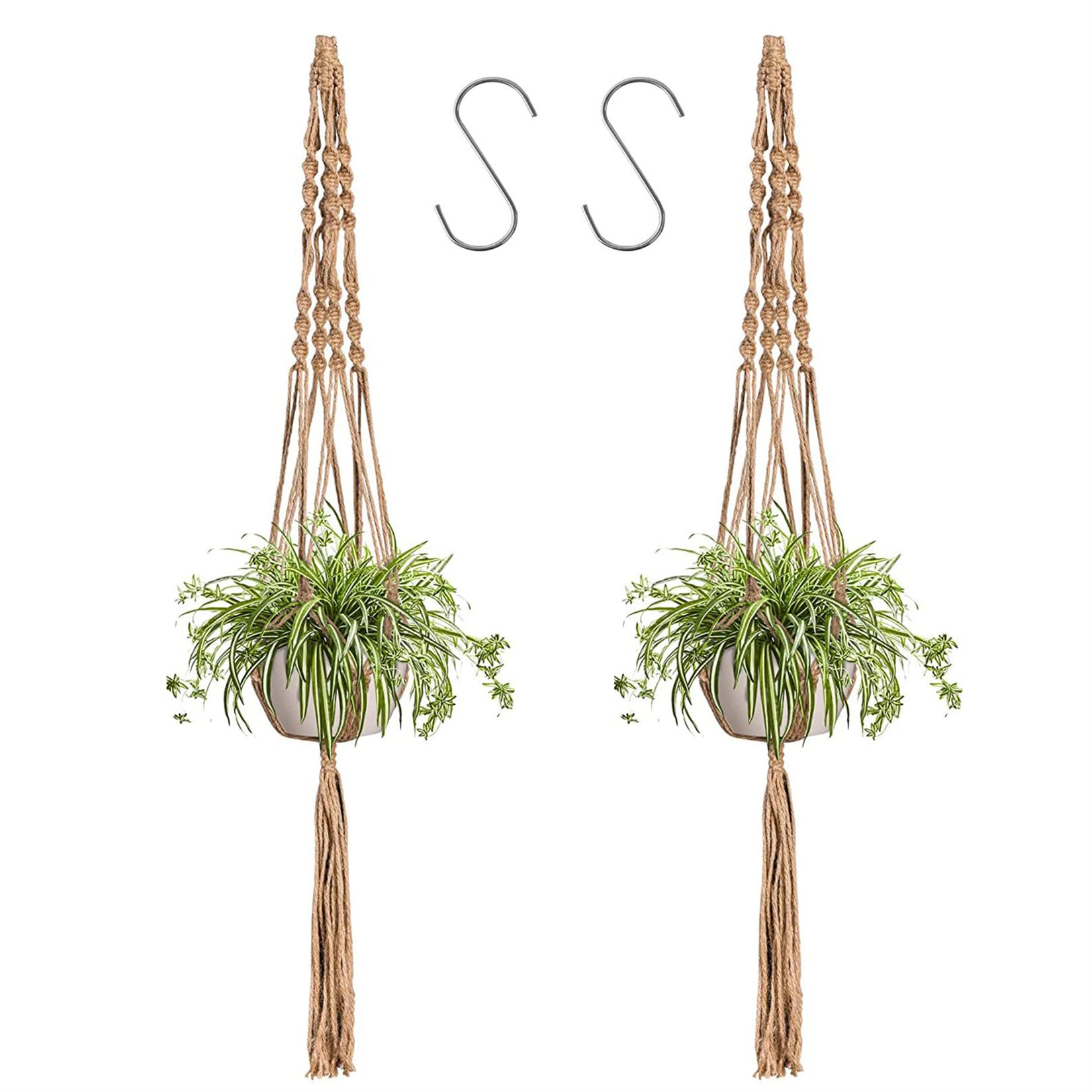 Macrame Plant Hangers Jute Rope Hanging Planter Basket Wall Hanging Flower Pot Holder with Hooks for Garden Home Decoration 2 Packs
