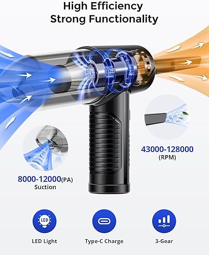 Miniatura 5 de Fulljion Mini aspiradora para coche y plumero de aire comprimido, 3 en 1, aspiradora inalámbrica de alta potencia -12000 PA potente aspiradora de