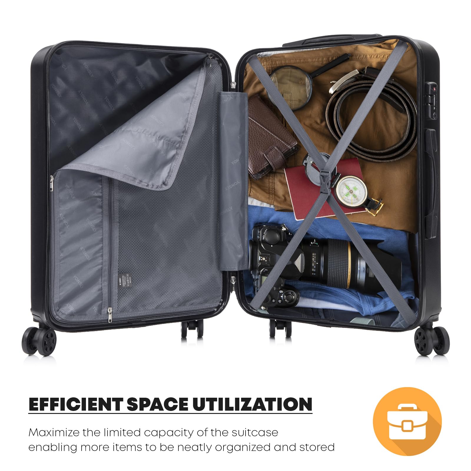Premium Reisekoffer TSA-Schloss,YKK-Reißverschluss Hartschalen-Koffer Trolley Kabinenkoffer Rollkoffer Suitcase Handgepäck 4 Rollen (Schwarz, XL)